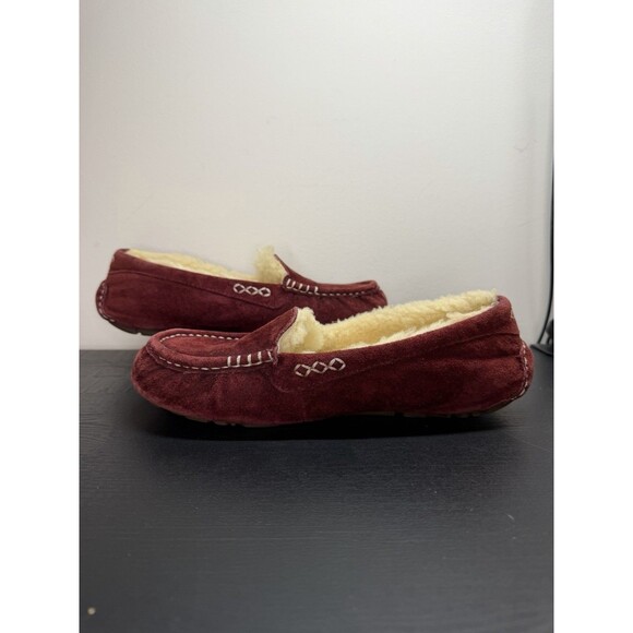 Women's 6 M Ugg Ansley 3312 Burgundy Suede Leather Slippers Moccasins Fur Lined - Picture 4 of 16